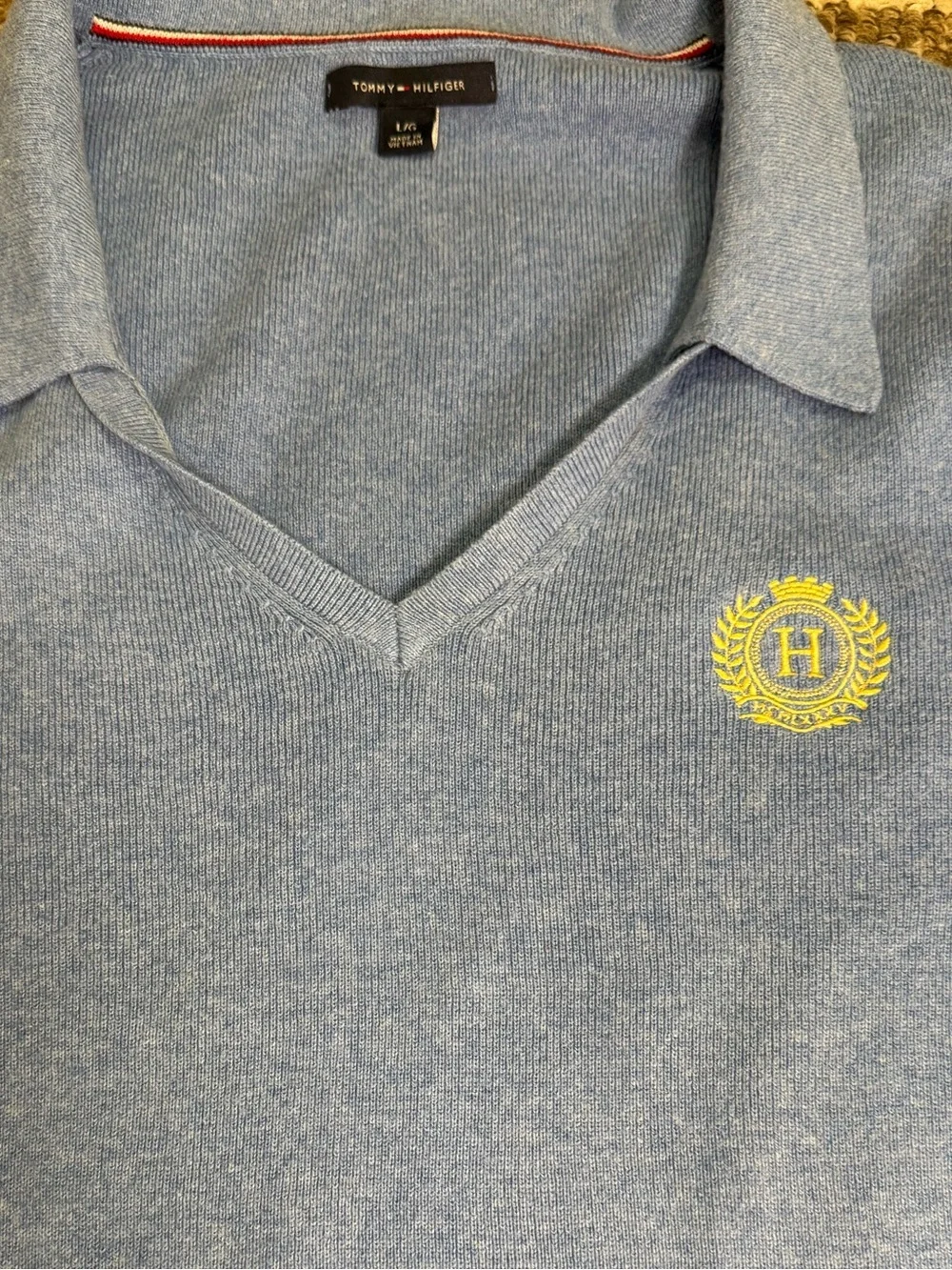 Tommy Hilfiger Light Blue V-Neck Sweater with Yellow Crest